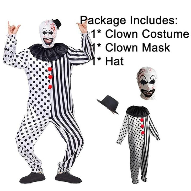 AYJKSEVEN Unisex Adult and Kids Clown Costume Jumpsuit Black and White Halloween Outfit Scary Killer Cosplay with Mask Hat