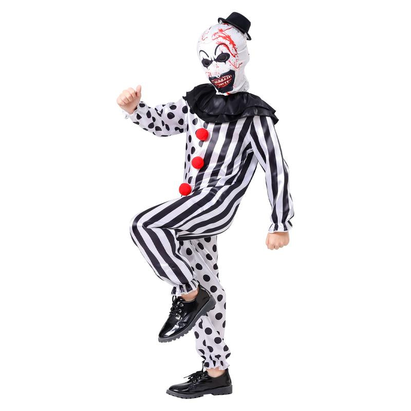 AYJKSEVEN Unisex Adult and Kids Clown Costume Jumpsuit Black and White Halloween Outfit Scary Killer Cosplay with Mask Hat