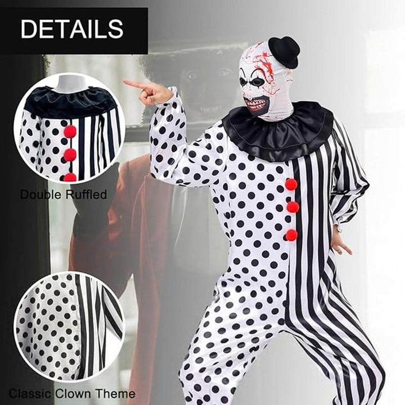 AYJKSEVEN Unisex Adult and Kids Clown Costume Jumpsuit Black and White Halloween Outfit Scary Killer Cosplay with Mask Hat