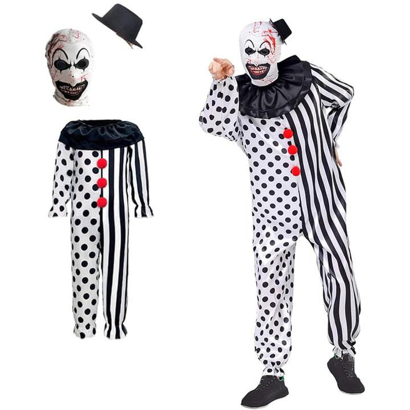 AYJKSEVEN Unisex Adult and Kids Clown Costume Jumpsuit Black and White Halloween Outfit Scary Killer Cosplay with Mask Hat