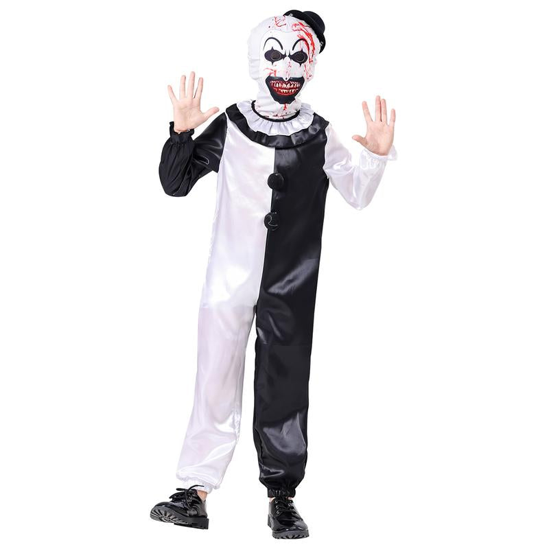 AYJKSEVEN Unisex Adult and Kids Clown Costume Jumpsuit Black and White Halloween Outfit Scary Killer Cosplay with Mask Hat