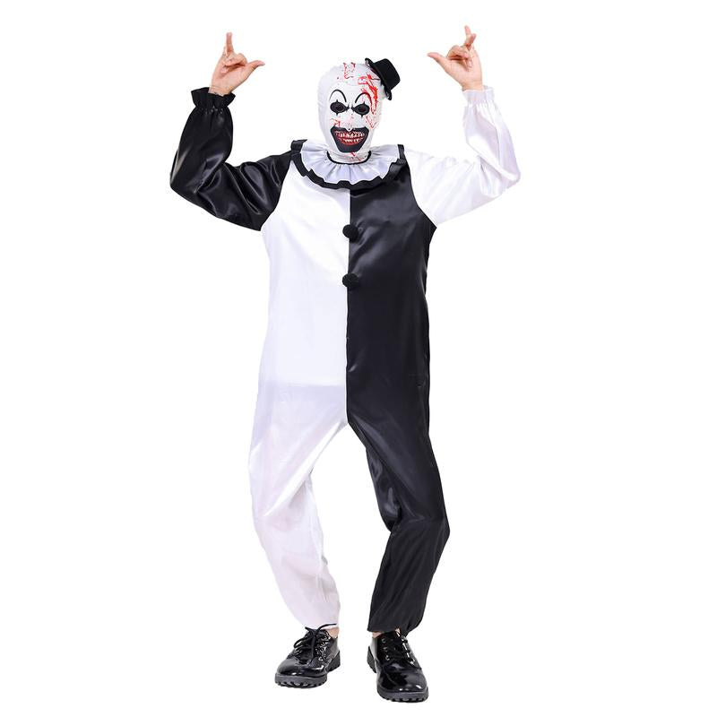 AYJKSEVEN Unisex Adult and Kids Clown Costume Jumpsuit Black and White Halloween Outfit Scary Killer Cosplay with Mask Hat