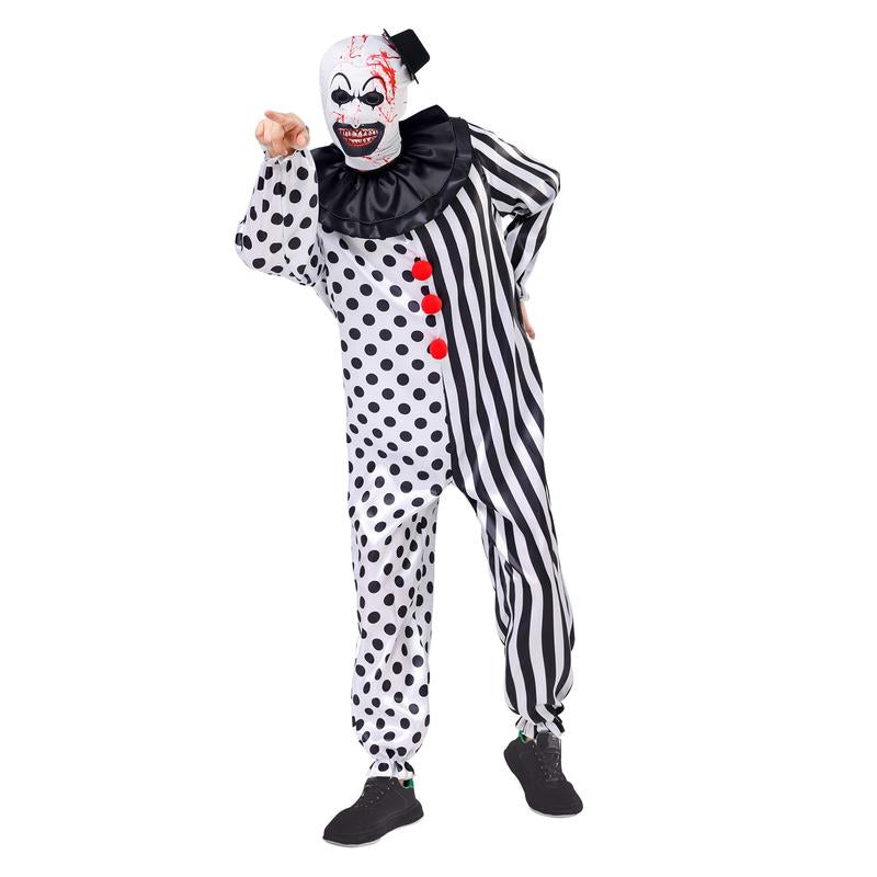 AYJKSEVEN Unisex Adult and Kids Clown Costume Jumpsuit Black and White Halloween Outfit Scary Killer Cosplay with Mask Hat