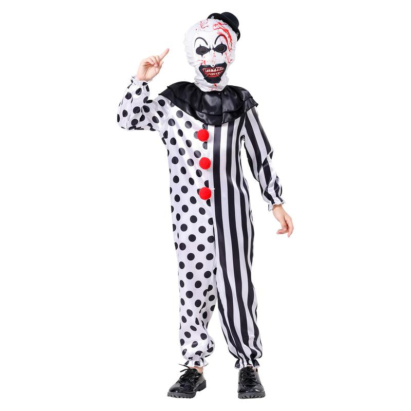 AYJKSEVEN Unisex Adult and Kids Clown Costume Jumpsuit Black and White Halloween Outfit Scary Killer Cosplay with Mask Hat