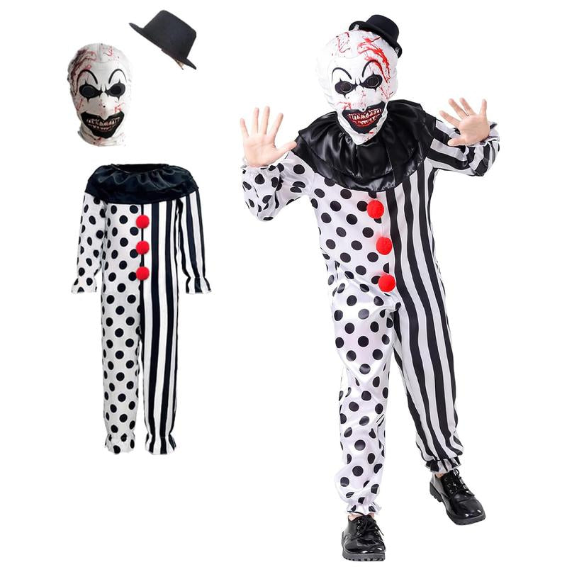 AYJKSEVEN Unisex Adult and Kids Clown Costume Jumpsuit Black and White Halloween Outfit Scary Killer Cosplay with Mask Hat