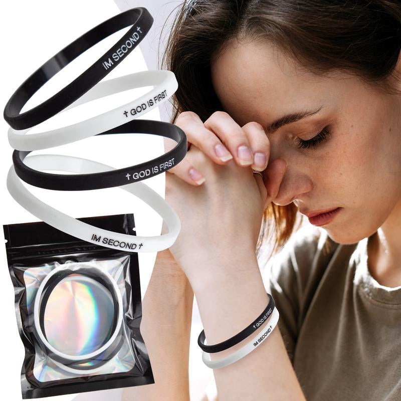 4 Pack GOD IS FIRST IM SECOND Faith Bracelets - Devotion Reminder with Interchangeable Black & White Christian Silicone Bands, Mix & Match Scripture Wristbands, and Uplifting Christian Gift Set for Men Women Teens