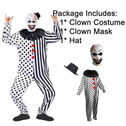 AYJKSEVEN Unisex Adult and Kids Clown Costume Jumpsuit Black and White Halloween Outfit Scary Killer Cosplay with Mask Hat