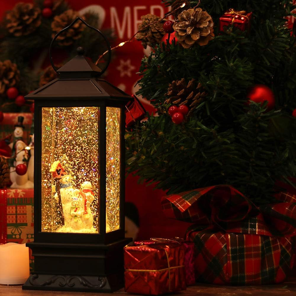 Christmas Snow Globe Lantern with Music, Battery Operated Lighted Swirling Glitter Water Lantern with Timer for Christmas Home Decoration, Snowman