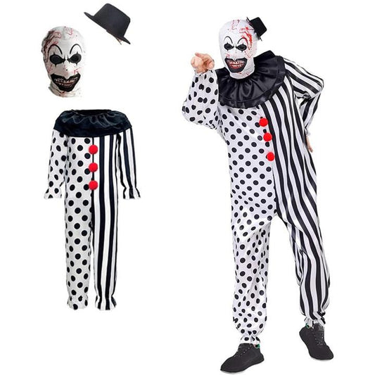 AYJKSEVEN Unisex Adult and Kids Clown Costume Jumpsuit Black and White Halloween Outfit Scary Killer Cosplay with Mask Hat