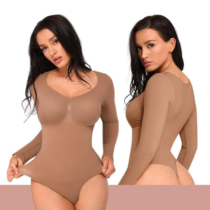 Feelingirl Womenswear Seamless Sculpt Long Sleeve Thong Bodysuit for Tummy Control V Neck Going Out Fabric Comfortable Casual Shaper Clothes