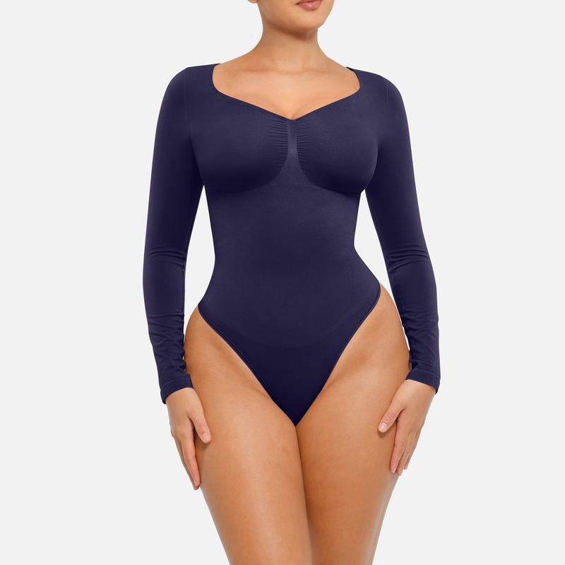 Feelingirl Womenswear Seamless Sculpt Long Sleeve Thong Bodysuit for Tummy Control V Neck Going Out Fabric Comfortable Casual Shaper Clothes