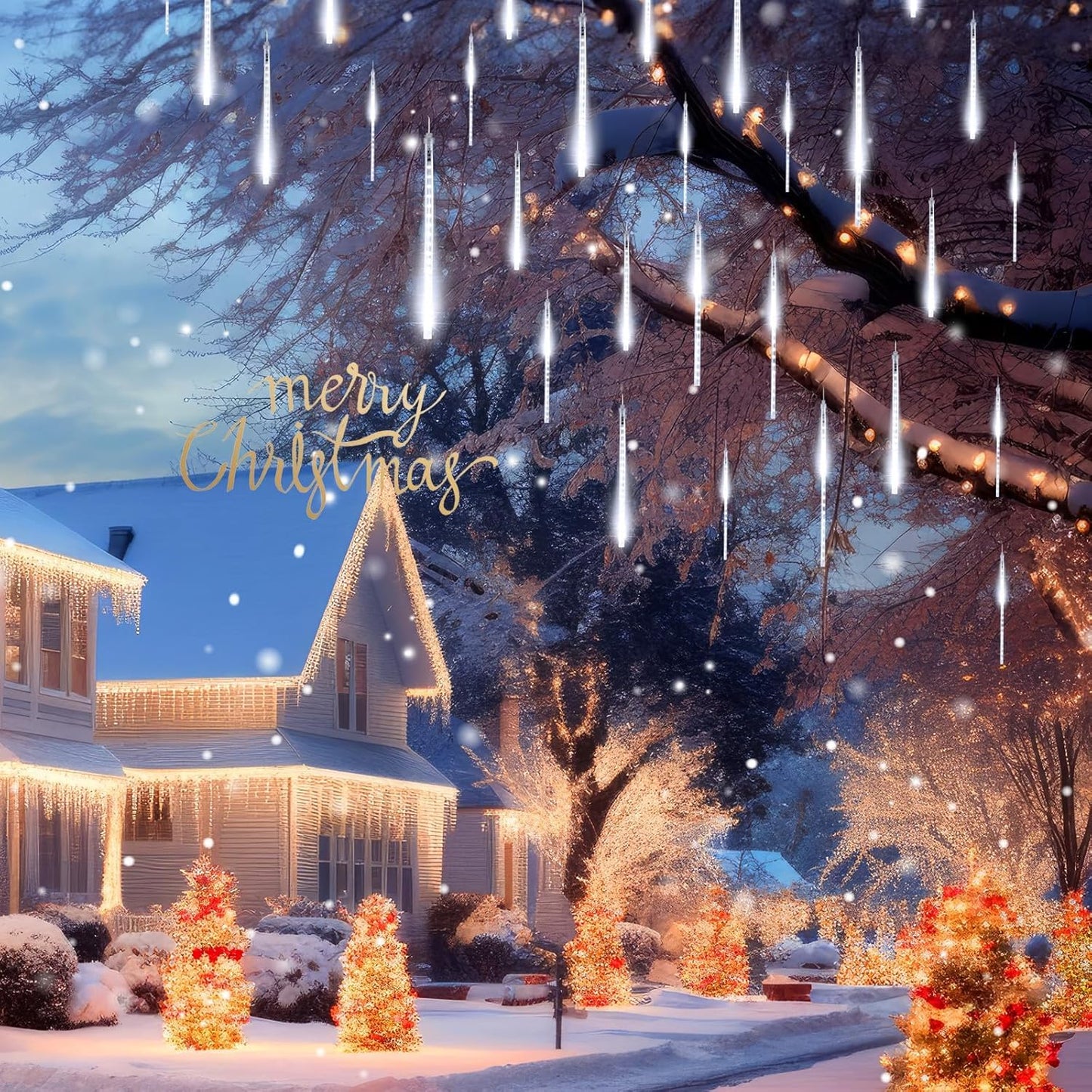 Meteor Shower Lights Outdoor, 16 Inch 2 Pack Total 16 Tubes 576 LED Icicle Lights for Tree Holiday Christmas Decoration, White