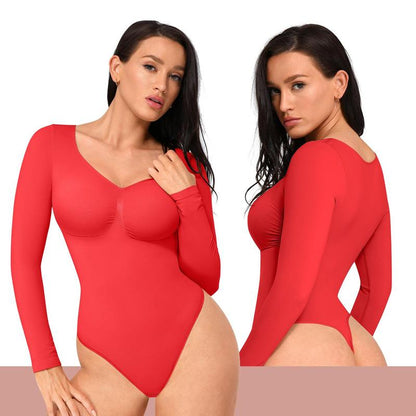 Feelingirl Womenswear Seamless Sculpt Long Sleeve Thong Bodysuit for Tummy Control V Neck Going Out Fabric Comfortable Casual Shaper Clothes