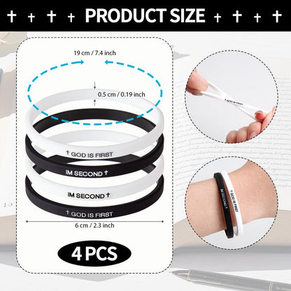 4 Pack GOD IS FIRST IM SECOND Faith Bracelets - Devotion Reminder with Interchangeable Black & White Christian Silicone Bands, Mix & Match Scripture Wristbands, and Uplifting Christian Gift Set for Men Women Teens