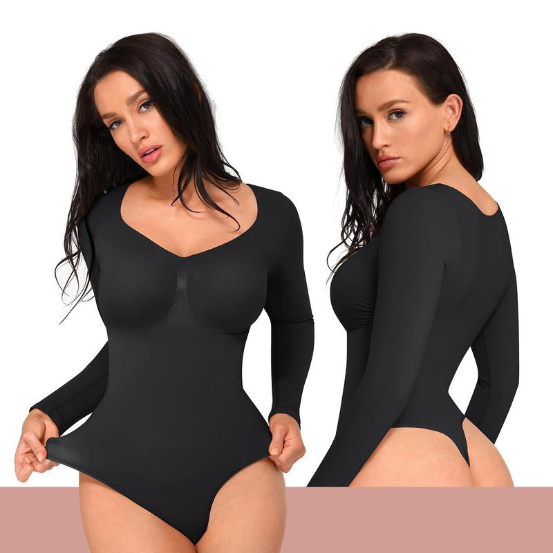 Feelingirl Womenswear Seamless Sculpt Long Sleeve Thong Bodysuit for Tummy Control V Neck Going Out Fabric Comfortable Casual Shaper Clothes