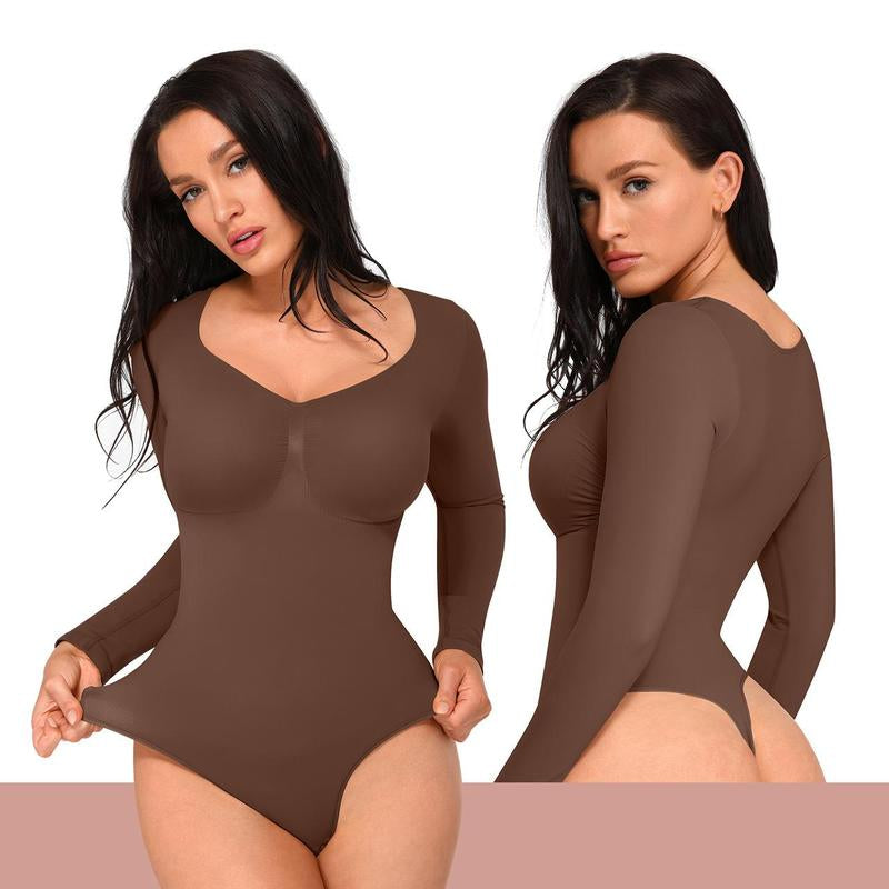 Feelingirl Womenswear Seamless Sculpt Long Sleeve Thong Bodysuit for Tummy Control V Neck Going Out Fabric Comfortable Casual Shaper Clothes