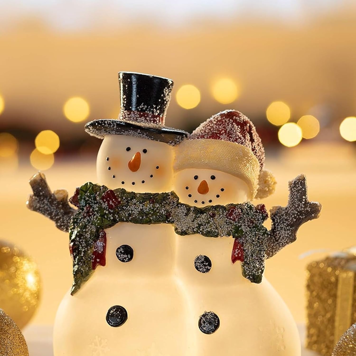 Christmas Snowman Couple Decor - LED Lighted Figurines, Indoor Glowing Holiday Decorations, Festive Fiber Optic Resin Snowman Light Up