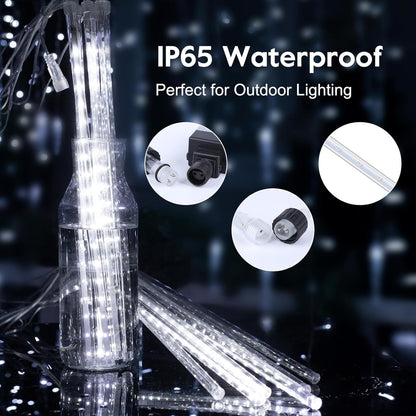 Meteor Shower Lights Outdoor, 16 Inch 2 Pack Total 16 Tubes 576 LED Icicle Lights for Tree Holiday Christmas Decoration, White