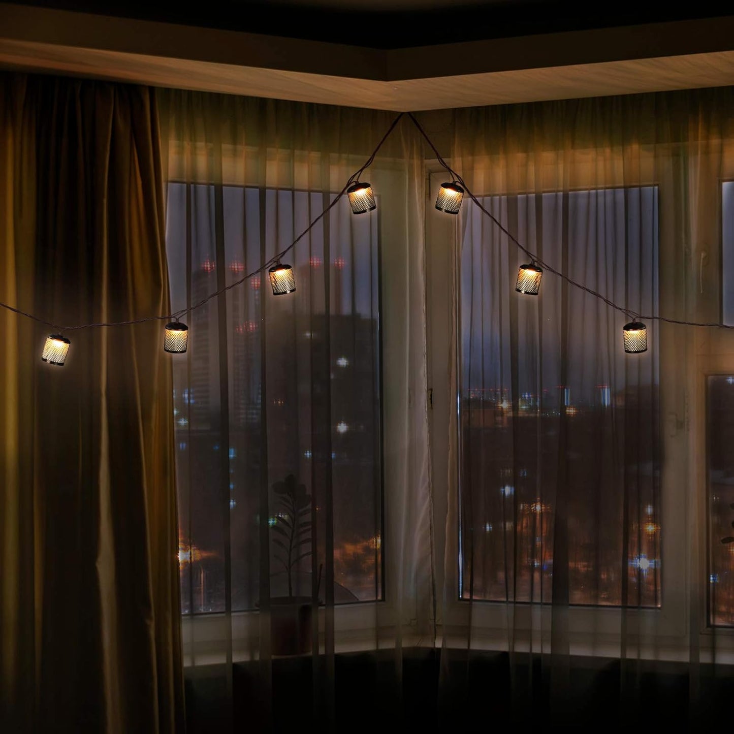 Metal Lantern Lights String，9.83Ft Decorative String Lights for Room Decor,  Black Metal Hanging Lanterns Lights Outdoor Patio Decorations