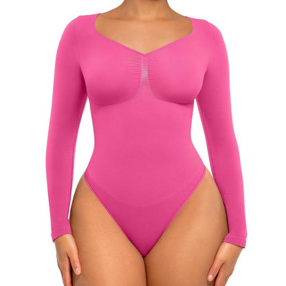 Feelingirl Womenswear Seamless Sculpt Long Sleeve Thong Bodysuit for Tummy Control V Neck Going Out Fabric Comfortable Casual Shaper Clothes
