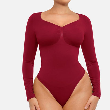 Feelingirl Womenswear Seamless Sculpt Long Sleeve Thong Bodysuit for Tummy Control V Neck Going Out Fabric Comfortable Casual Shaper Clothes